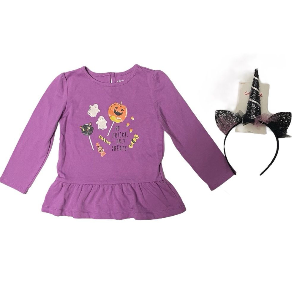 ☀️Carter’s Child of Mine Toddler Girl’s Purple Halloween Top Unicorn Headband 2T